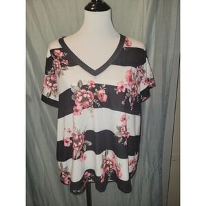 Black and white pink floral shirt top 1xl